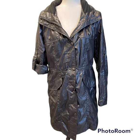 KENNETH Cole Reaction Black Shiny Rain Trench Coat Sz L - Picture 1 of 7